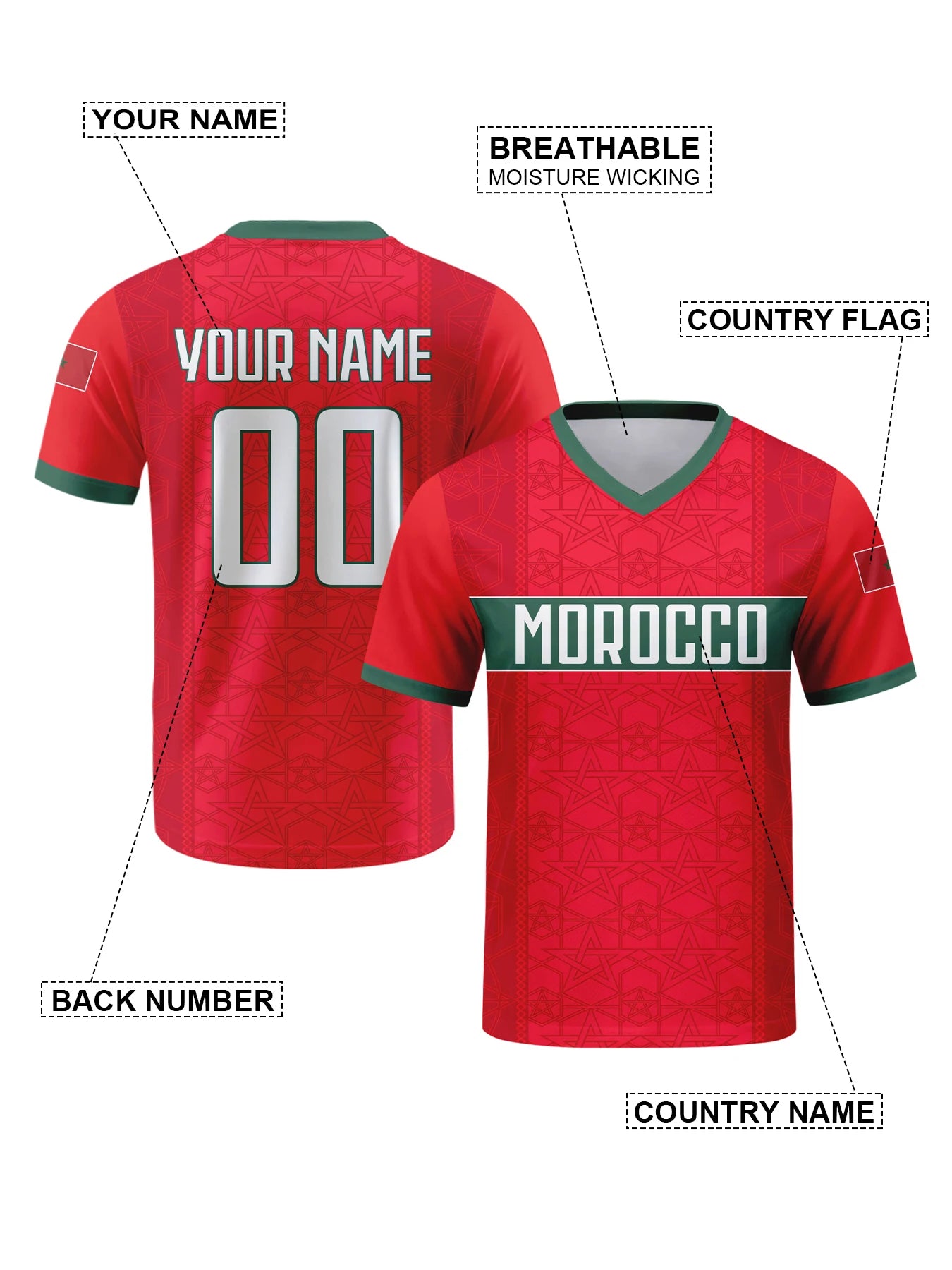 Custom Morocco Football Jersey Personalized with Name Number V-neck Soccer National Team Shirt for Men Youth Women