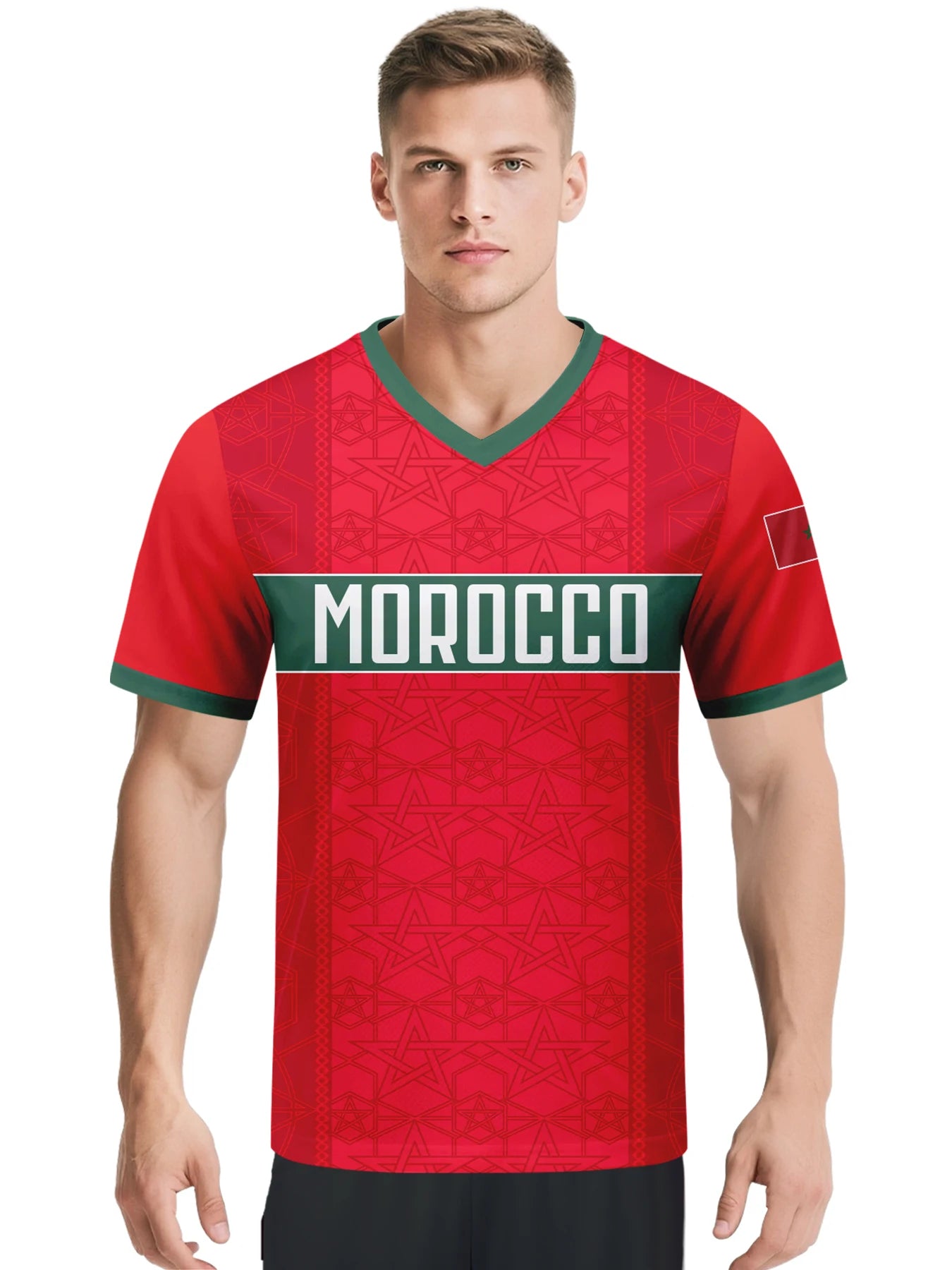 Custom Morocco Football Jersey Personalized with Name Number V-neck Soccer National Team Shirt for Men Youth Women