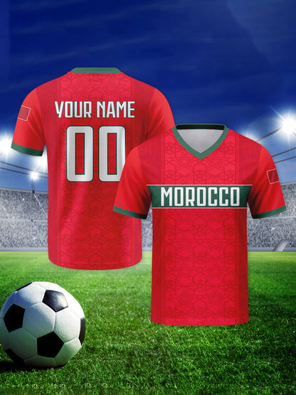 Custom Morocco Football Jersey Personalized with Name Number V-neck Soccer National Team Shirt for Men Youth Women