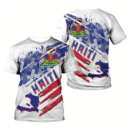 Haiti National Elements 3D Printed T-Shirt Patriotic Culture Casual Fabric T-Shirt Featuring National Flag Map And Emblem Design