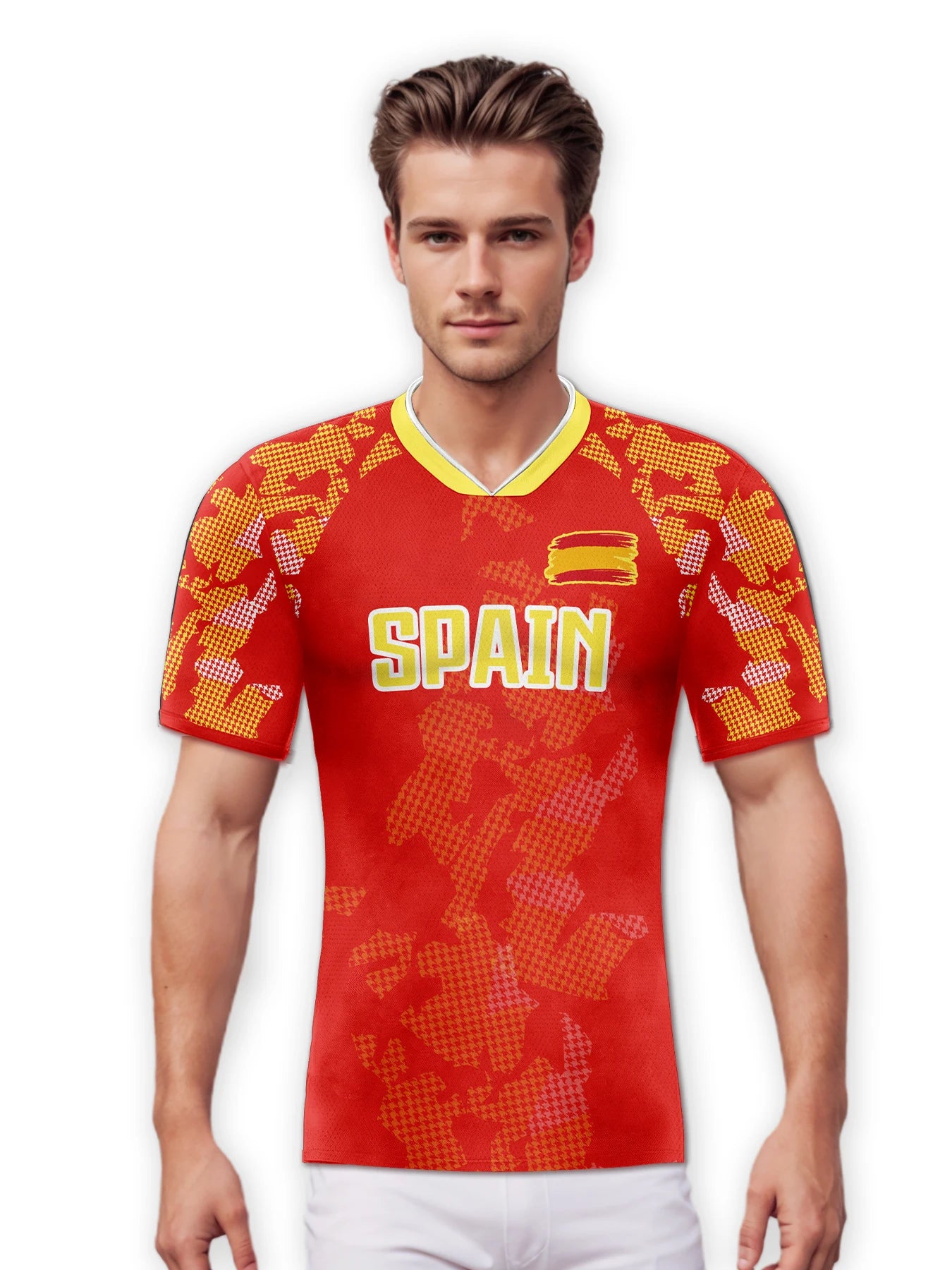 Customized Spain Soccer Jersey Personalized Name Number, National Team Football Shirt V-Neck Flag Design for Men Youth Women