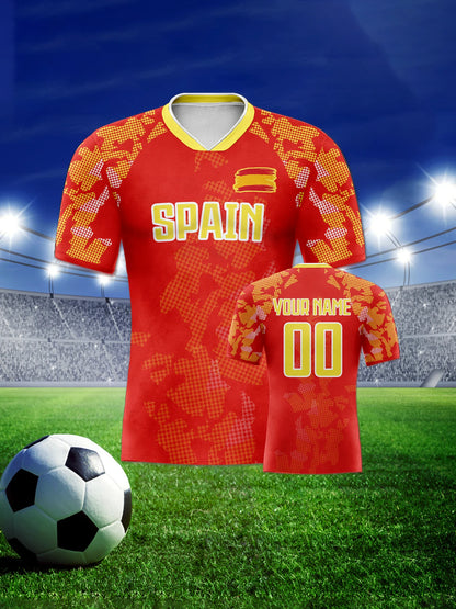 Customized Spain Soccer Jersey Personalized Name Number, National Team Football Shirt V-Neck Flag Design for Men Youth Women