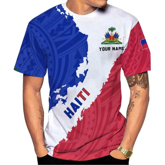 Haiti Flag Pattern T-Shirt For Men Customized Name 3D Printed Tees Summer Casual Loose T Shirts Round Neck Tops Short Sleeves